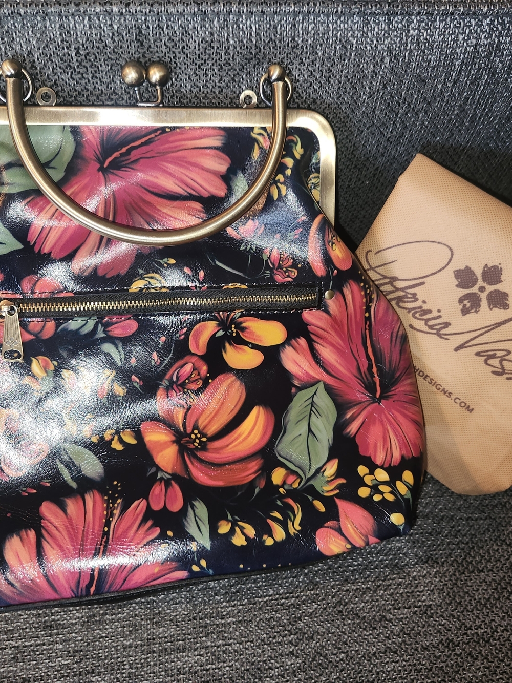 Patricia Nash Black Floral Frame-Top Satchel with Blooms 10th Anniversary